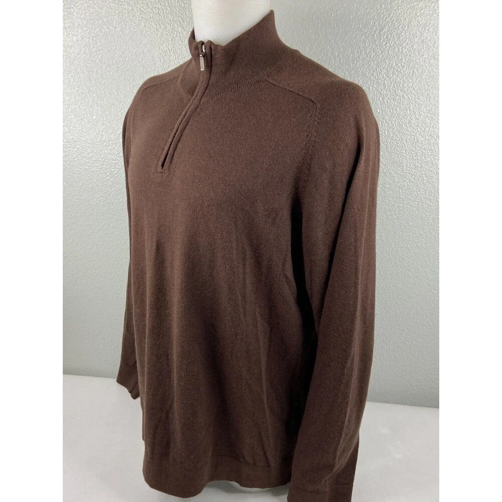 LL Bean Men XL Sweater Brown Pullover Cotton Cashmere 1/4 Zip